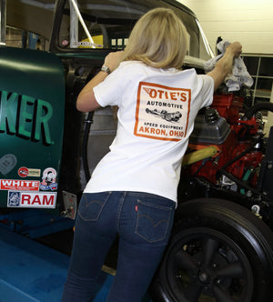 Cassandra Hicks in Otie's Automotive Men's White 1964 Decal T-shirt, Pin up girl