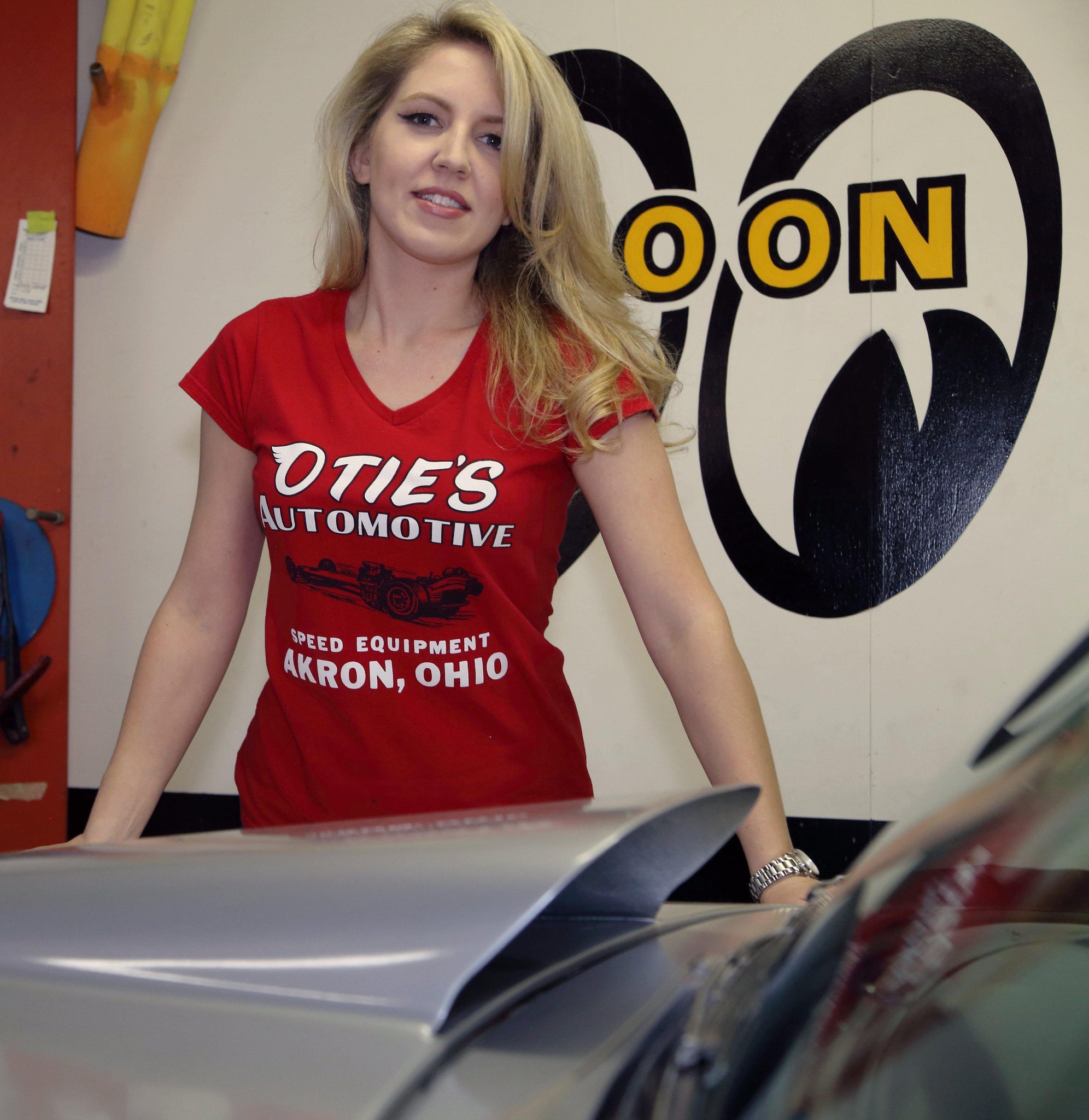 Cassandra Hicks in Ladies Otie's Automotive V-neck T-shirt, Pin up girl