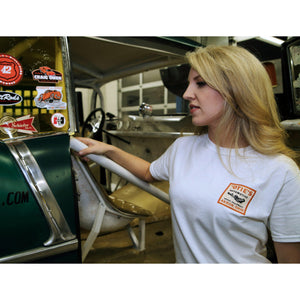 Cassandra Hicks in Otie's Automotive White Decal T-shirt, pin up girl