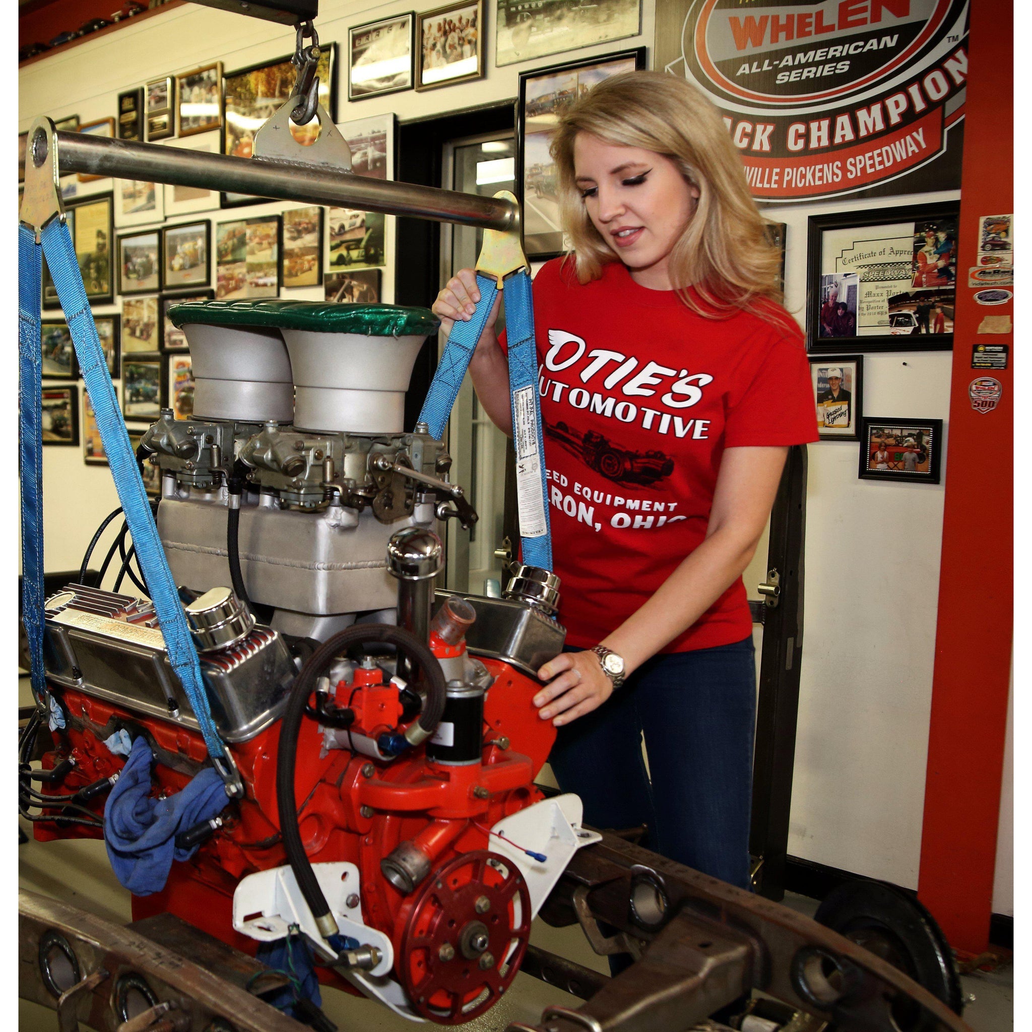 Cassandra Hicks in Otie's Automotive Men's Red Dragster T-shirt, Pin up girl